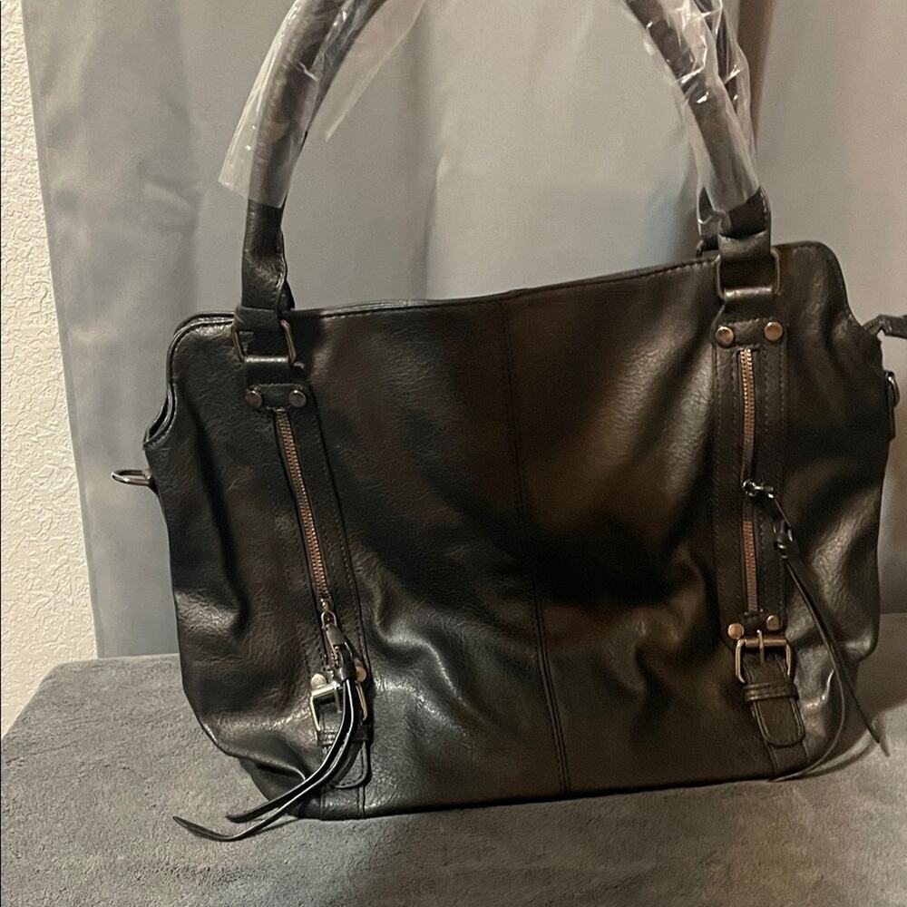 Black Leather Tote Bag with Zipper Details NWOT